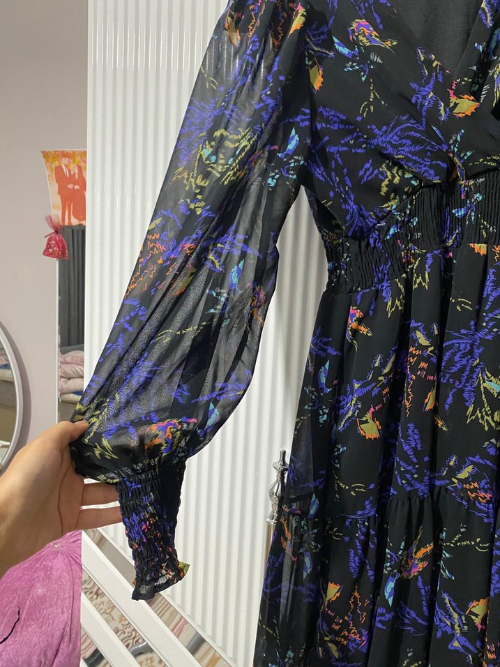 Uzun Kol V Yaka Bohem Desenli Elbise - Görsel 2