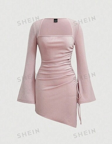 Shein Pembe simli kenarı büzgülü elbise