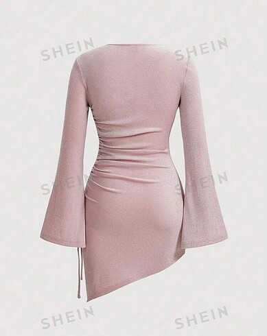Sheinside Shein Pembe simli kenarı büzgülü elbise