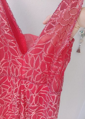 Kırmızı V Yaka Uzun Dantel Bohem Kadın Elbise - Görsel 6