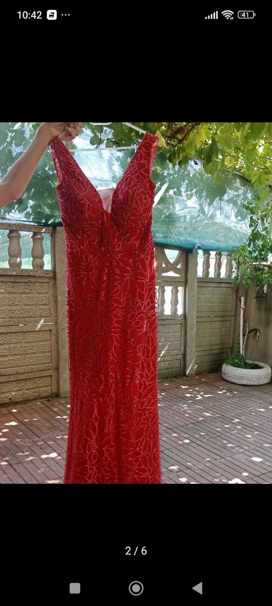 Kırmızı V Yaka Uzun Dantel Bohem Kadın Elbise - Görsel 2