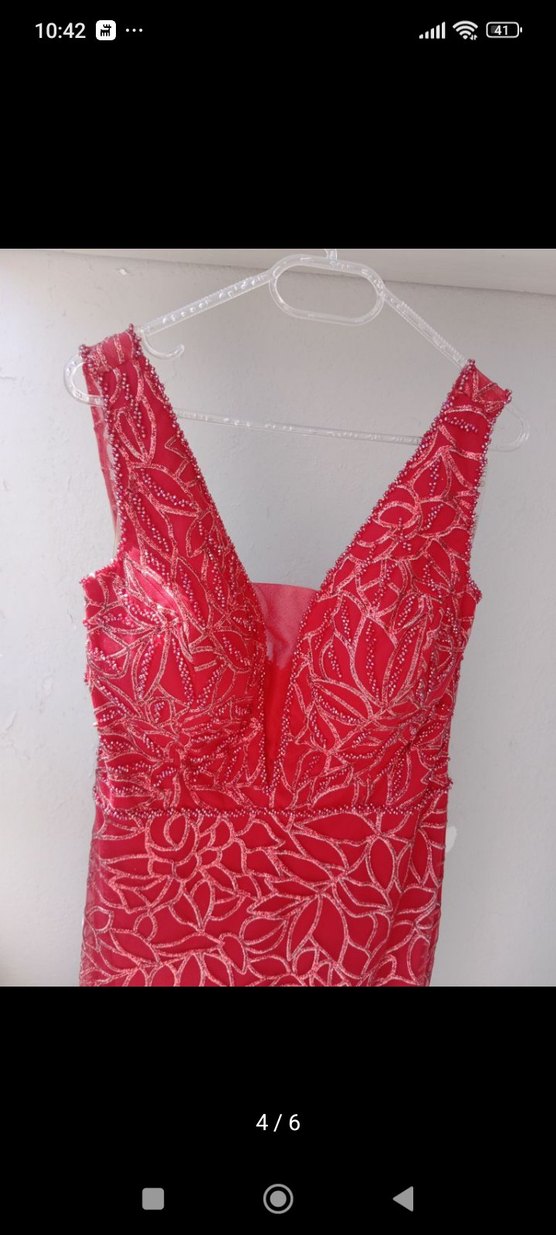 Kırmızı V Yaka Uzun Dantel Bohem Kadın Elbise - Görsel 4