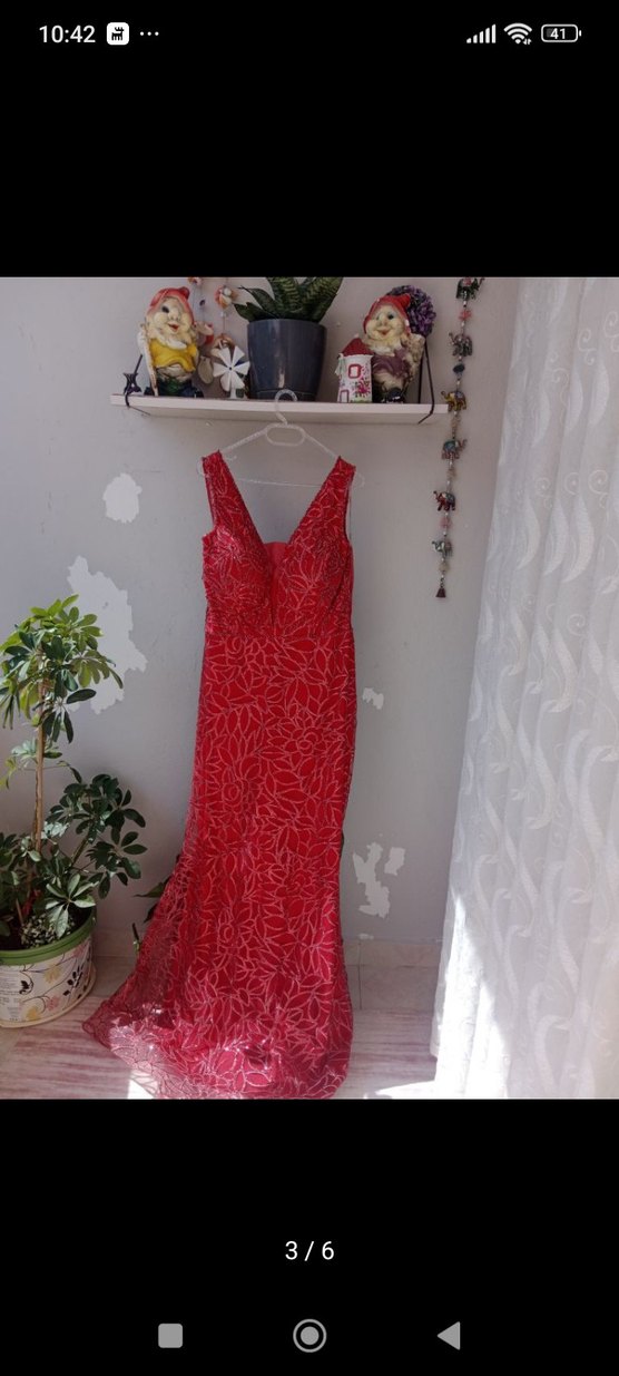 Kırmızı V Yaka Uzun Dantel Bohem Kadın Elbise - Görsel 3