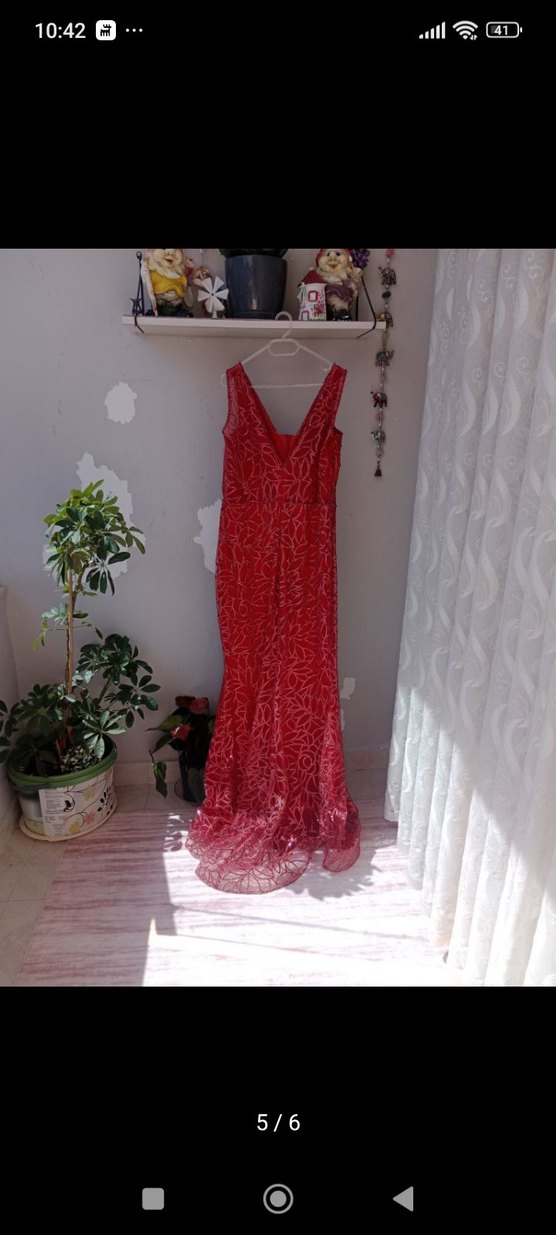 Kırmızı V Yaka Uzun Dantel Bohem Kadın Elbise - Görsel 5