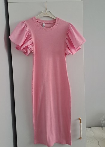 Pembe Uzun Kollu Fırfırlı Günlük Elbise