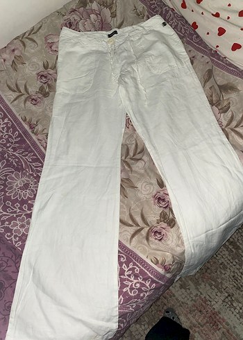 Kadın Beyaz Keten Dantel Detaylı Bol Kesim Pantolon - Görsel 2