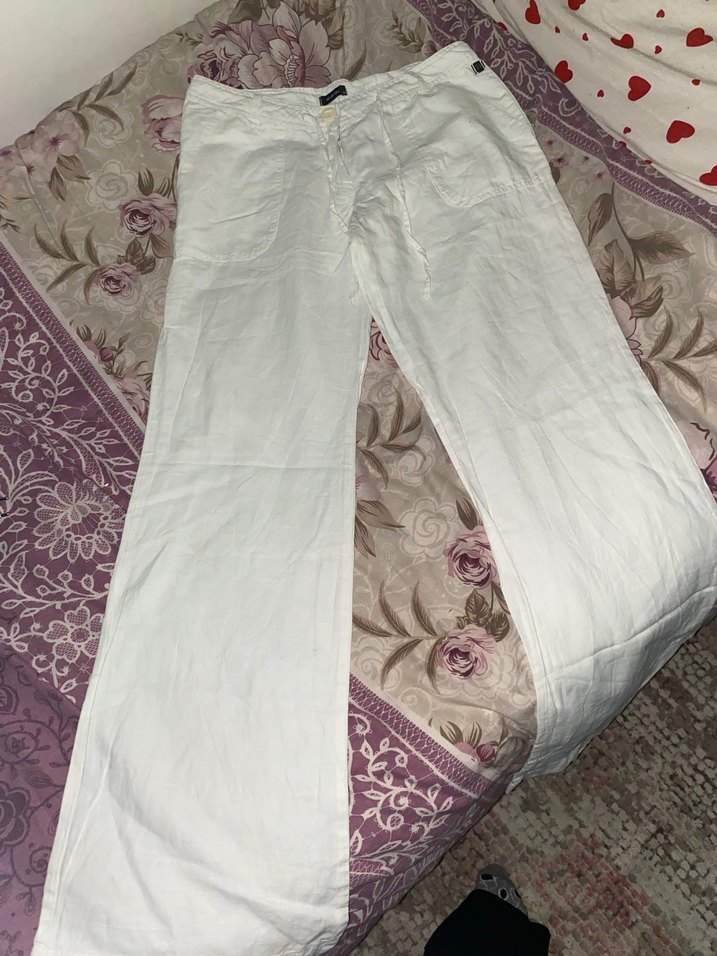 Kadın Beyaz Keten Dantel Detaylı Bol Kesim Pantolon - Görsel 2