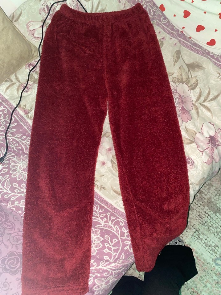 Bordo Kadın Midi Peluş Rahat Pantolon - Görsel 2