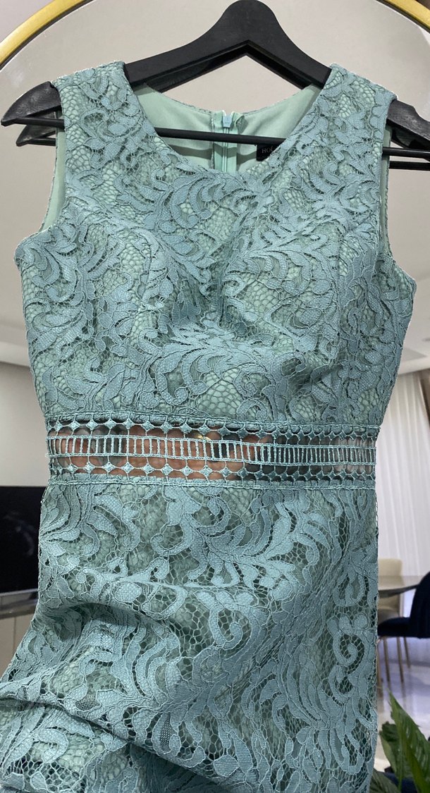 Turkuaz Dantel İşlemeli Uzun Abiye Elbise - Görsel 3