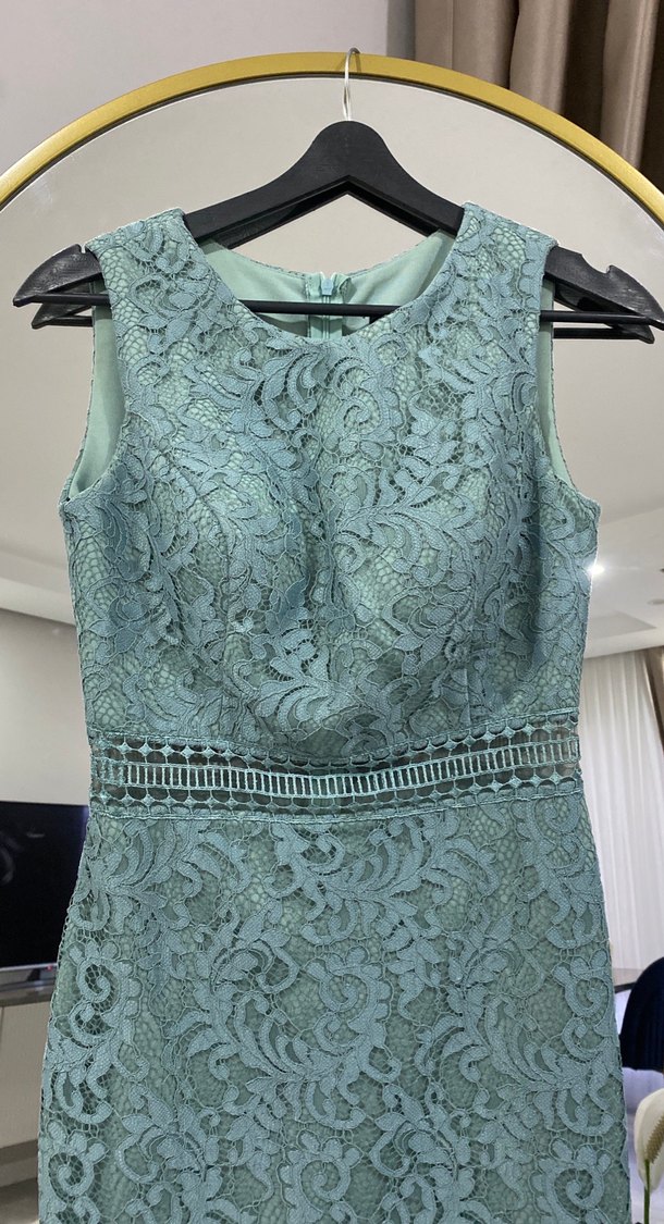 Turkuaz Dantel İşlemeli Uzun Abiye Elbise - Görsel 2