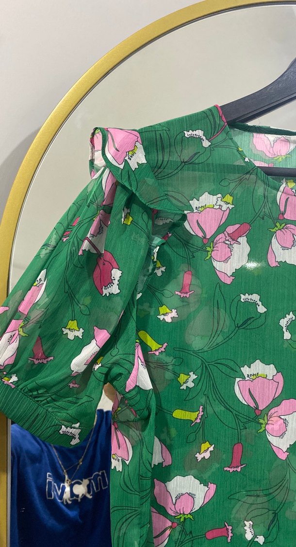 Yeşil Çiçekli Kısa Kollu Bohem Bluz - Görsel 2