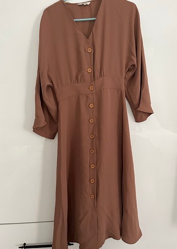 Koton V Yaka Kahverengi Düğmeli Kadın Elbise - Görsel 3