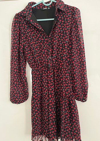 Uzun Kollu, V Yakalı Kırmızı Desenli Mini Elbise - Görsel 2