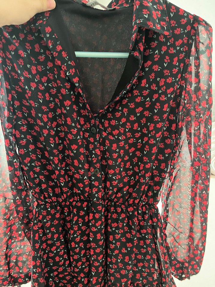 Uzun Kollu, V Yakalı Kırmızı Desenli Mini Elbise - Görsel 3