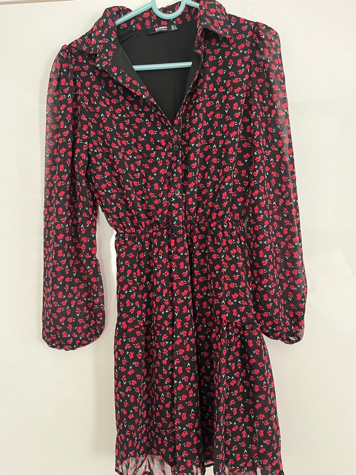 Uzun Kollu, V Yakalı Kırmızı Desenli Mini Elbise - Görsel 2