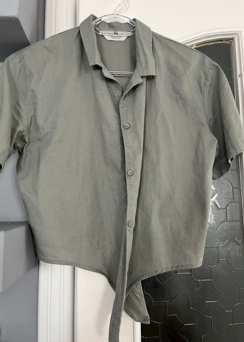 Keten Kısa Kollu Bağlama Detaylı Kadın Gömlek - Görsel 3