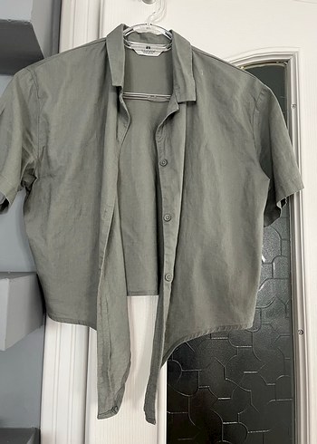 Keten Kısa Kollu Bağlama Detaylı Kadın Gömlek - Görsel 2