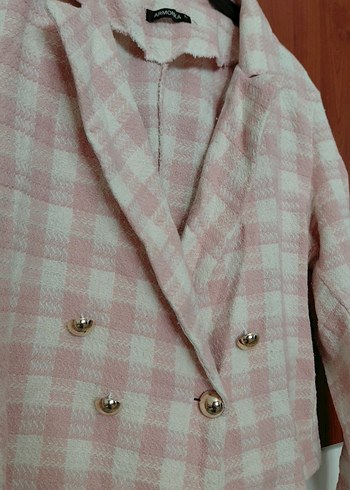 Düğmeli Pembe Kareli Kadın Blazer Ceket - Görsel 3