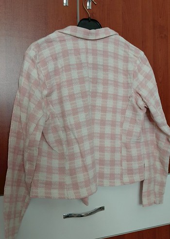 Düğmeli Pembe Kareli Kadın Blazer Ceket - Görsel 5
