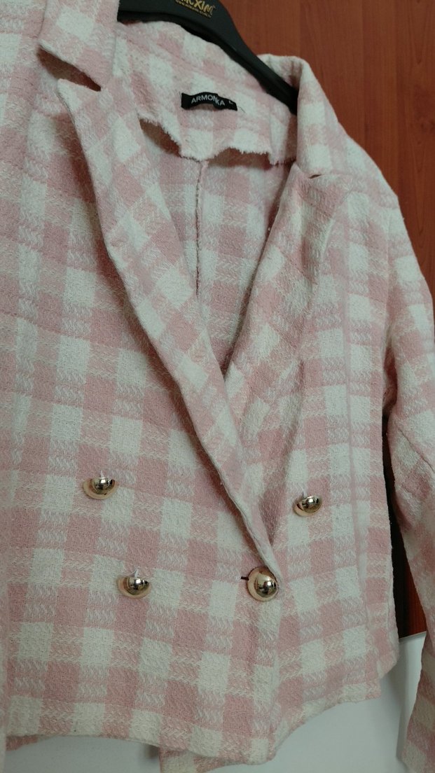 Düğmeli Pembe Kareli Kadın Blazer Ceket - Görsel 3