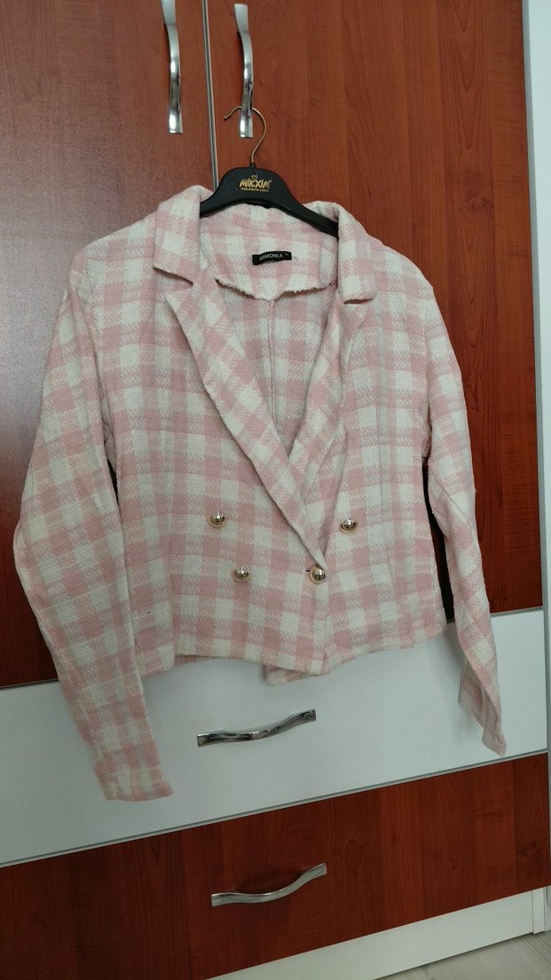 Düğmeli Pembe Kareli Kadın Blazer Ceket - Görsel 2