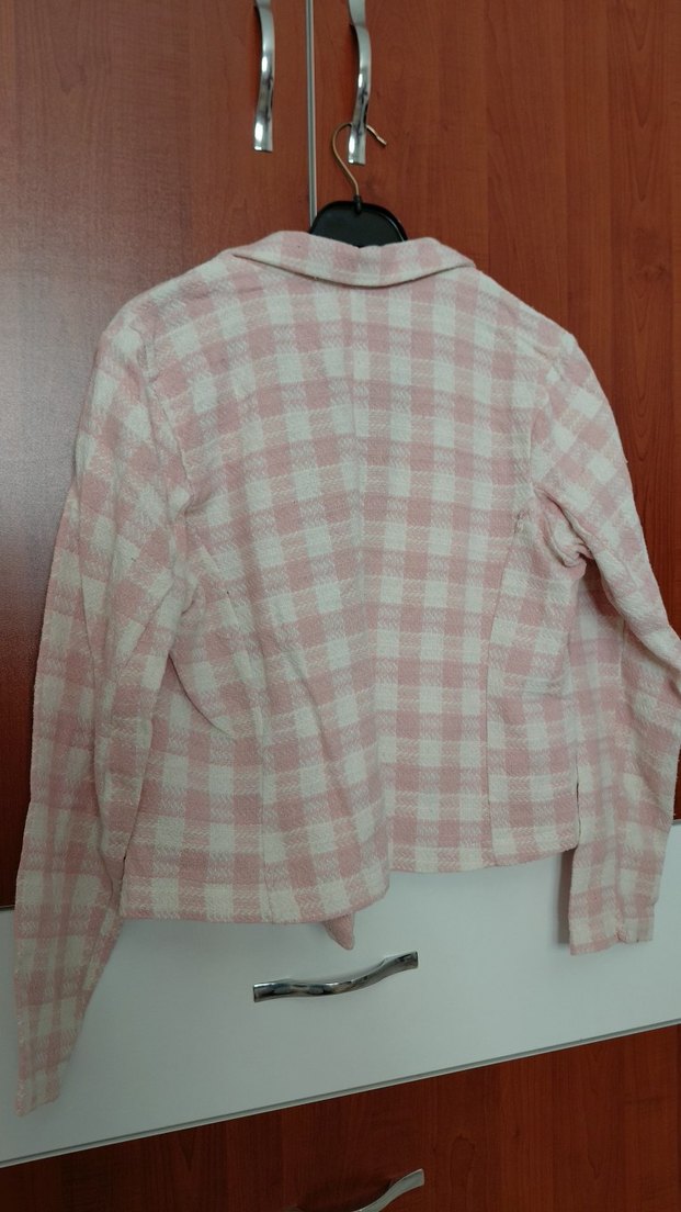 Düğmeli Pembe Kareli Kadın Blazer Ceket - Görsel 5