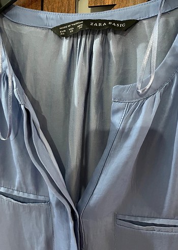 Zara Mavi Uzun Kollu V Yaka Kadın Gömlek - Görsel 4