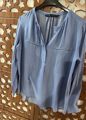 Zara Mavi Uzun Kollu V Yaka Kadın Gömlek - Görsel 5
