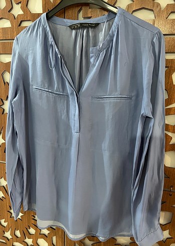 Zara Mavi Uzun Kollu V Yaka Kadın Gömlek - Görsel 3