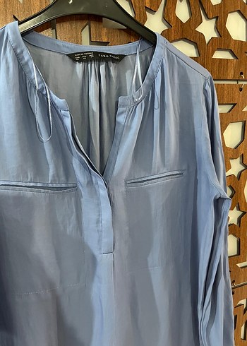 Zara Mavi Uzun Kollu V Yaka Kadın Gömlek - Görsel 2