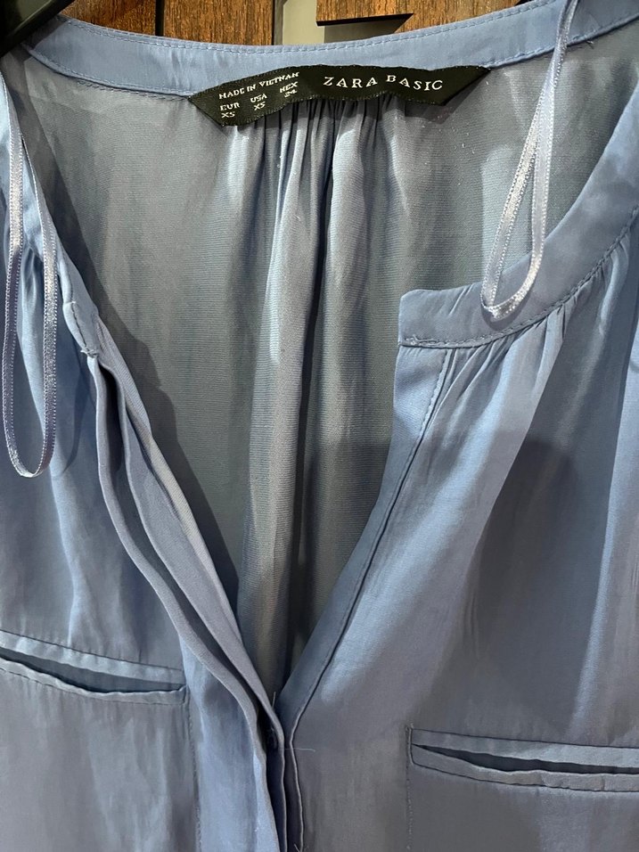 Zara Mavi Uzun Kollu V Yaka Kadın Gömlek - Görsel 4