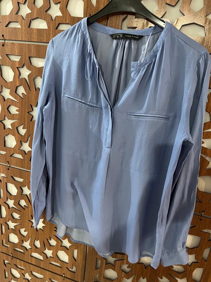 Zara Mavi Uzun Kollu V Yaka Kadın Gömlek - Görsel 5