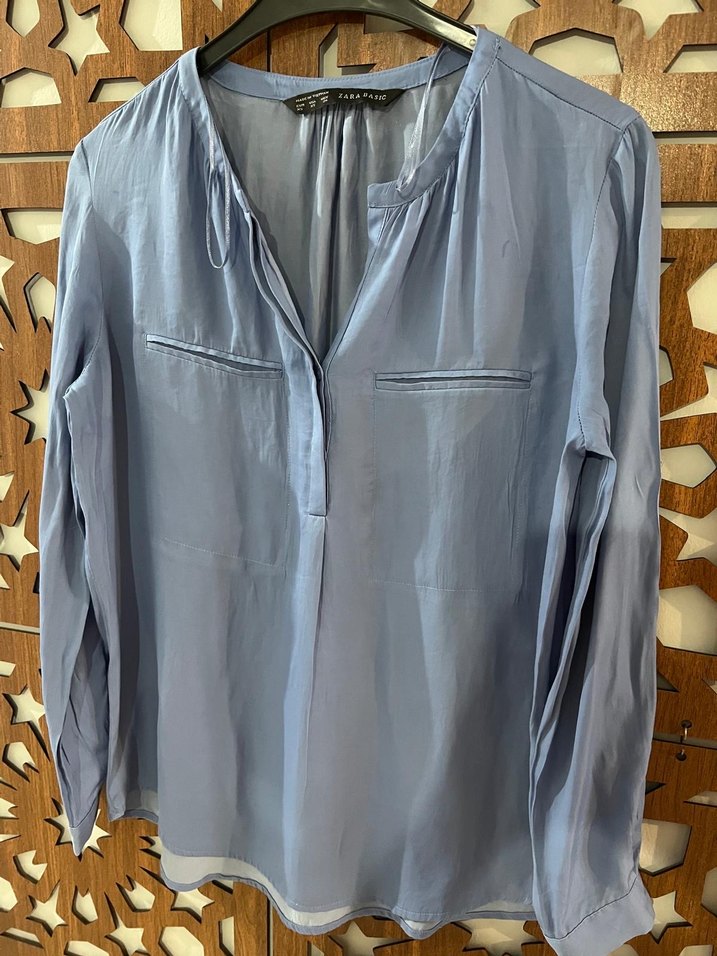 Zara Mavi Uzun Kollu V Yaka Kadın Gömlek - Görsel 3