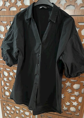 Zara Siyah  Düğmeli Kısa Kollu Gömlek - Görsel 3