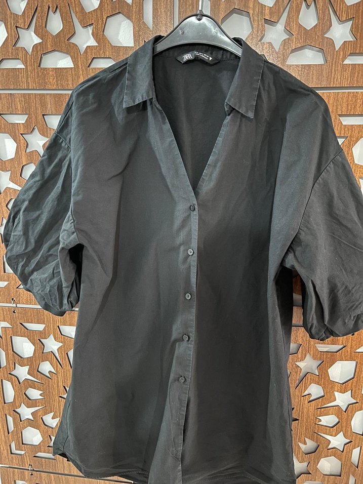 Zara Siyah  Düğmeli Kısa Kollu Gömlek - Görsel 5