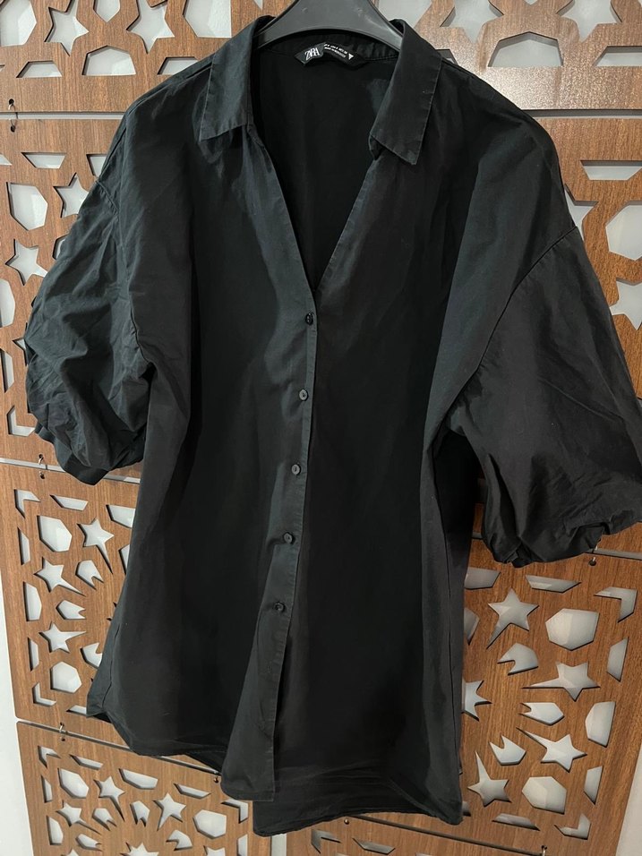 Zara Siyah  Düğmeli Kısa Kollu Gömlek - Görsel 3