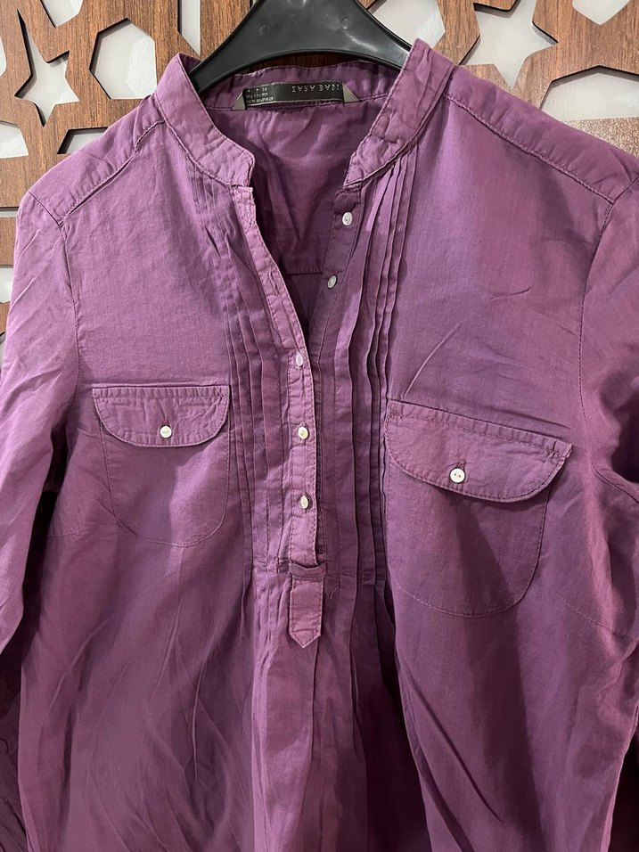 Zara Düğmeli Mor Kadın Keten Gömlek - Görsel 3