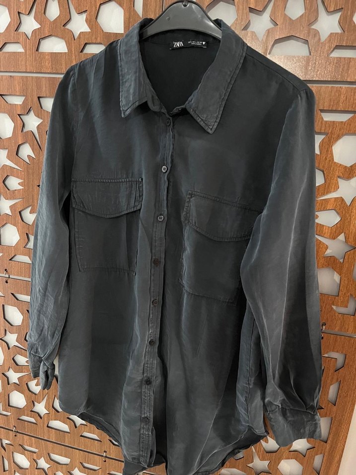 Zara Gri Düğmeli Kadın Gömlek - Görsel 5
