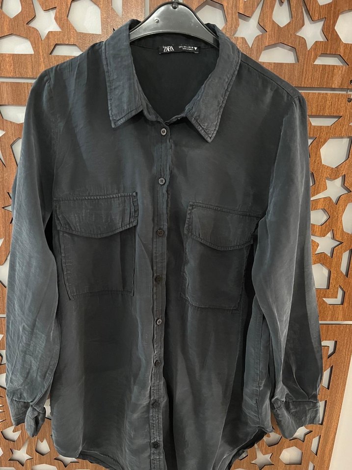 Zara Gri Düğmeli Kadın Gömlek - Görsel 4