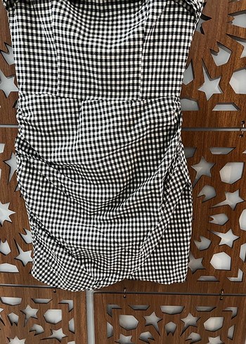 Zara Gri Kareli Drapeli Mini Denim Elbise - Görsel 3