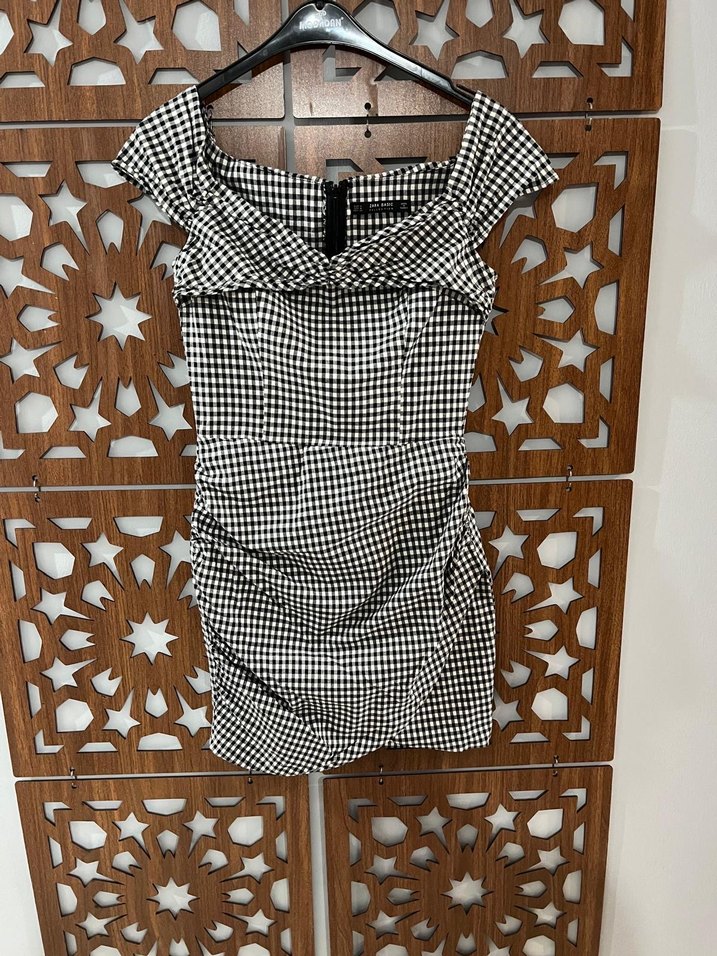 Zara Gri Kareli Drapeli Mini Denim Elbise - Görsel 2