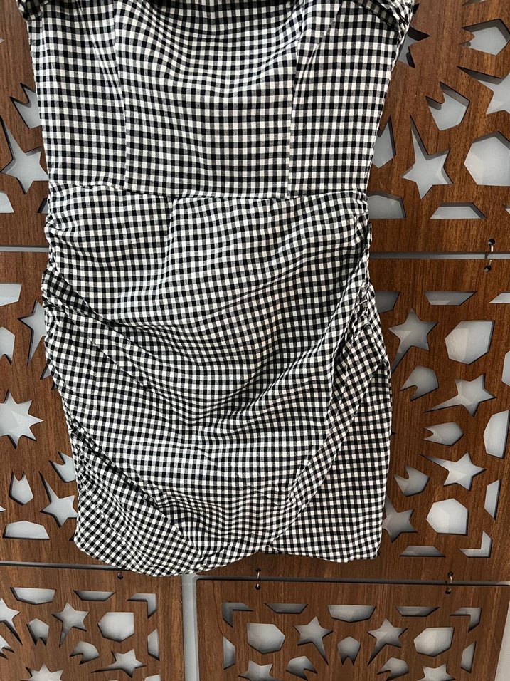 Zara Gri Kareli Drapeli Mini Denim Elbise - Görsel 3