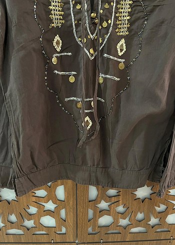 Zara Boncuk İşlemeli Kahverengi Bohem Bluz - Görsel 2