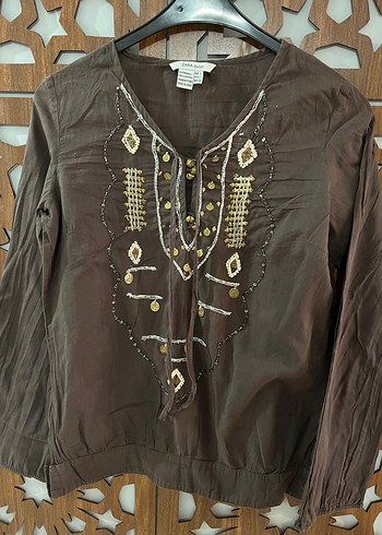 Zara Boncuk İşlemeli Kahverengi Bohem Bluz - Görsel 4