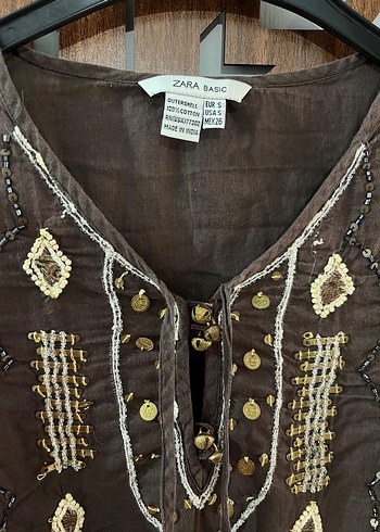 Zara Boncuk İşlemeli Kahverengi Bohem Bluz - Görsel 3