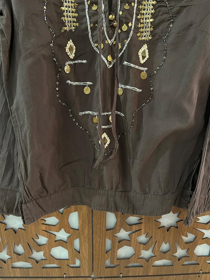 Zara Boncuk İşlemeli Kahverengi Bohem Bluz - Görsel 2