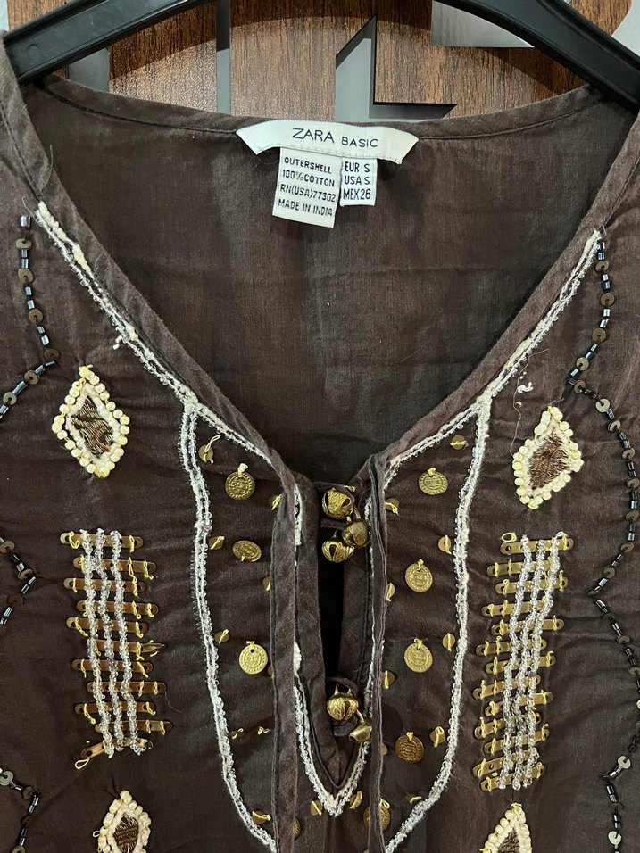 Zara Boncuk İşlemeli Kahverengi Bohem Bluz - Görsel 3