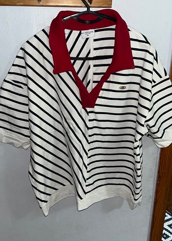 xl Beden Bayan Çizgili Kısa Kollu Polo Tişört