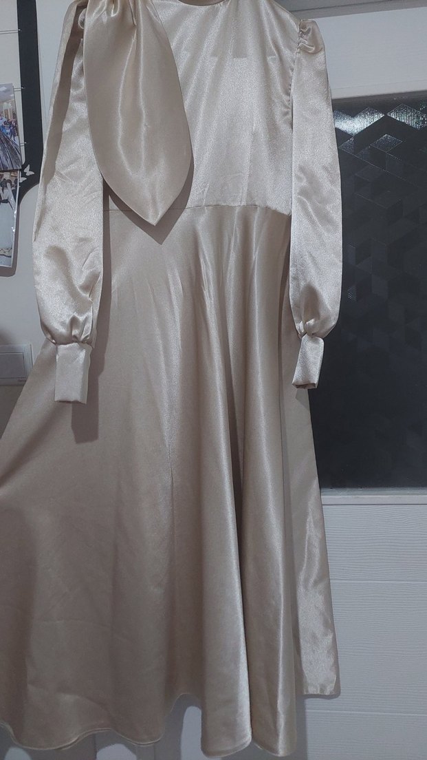 Drapeli Uzun bej Tesettür Abiye - Görsel 4