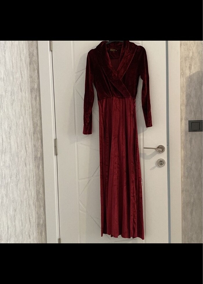 İnce kadife elbise bordo - Görsel 2
